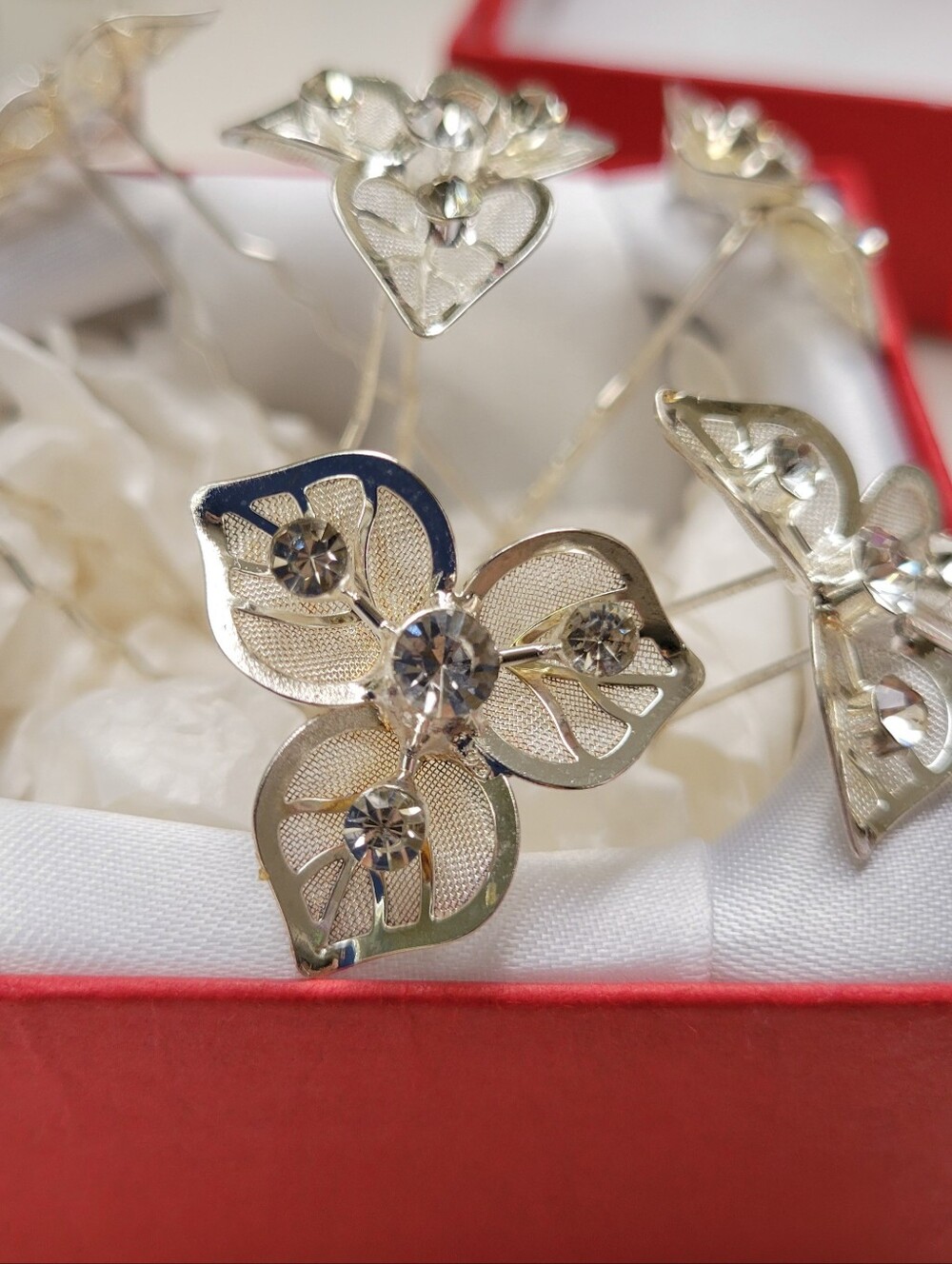 Silver Floral Crystal Hair Pins - Women's Decorative Hair Accessory